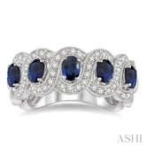 4x3 MM Oval Cut Sapphire and 1/2 Ctw Round Cut Diamond Precious Band in 14K White Gold
